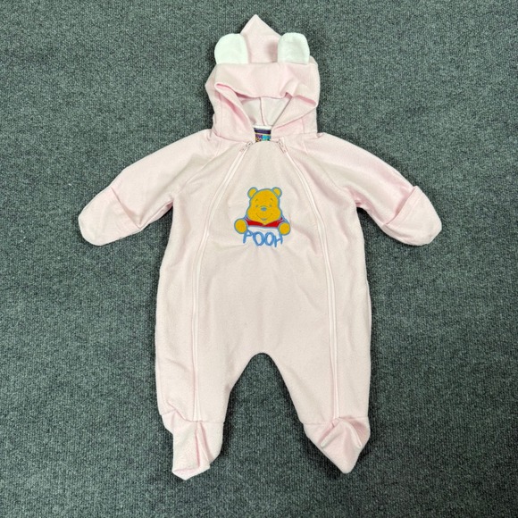 Disney Other - Disney Winnie the Pooh Vintage Pink Fleece Pram Suit Hooded Footie 0-6 Months